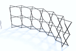 3D render of Luno scissor structure next to person for scale